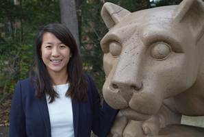 Angela Chang standing at Nittany Lion shrine