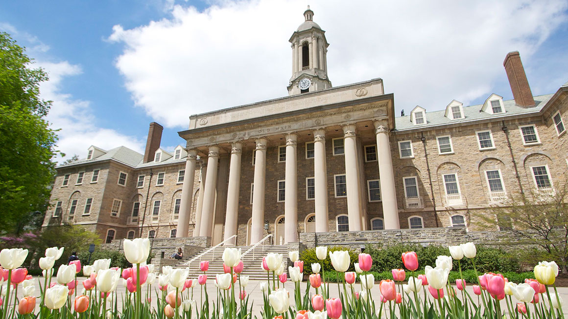 This is a photography of Old Main, Penn State's administration building, with pink and white tulips in the foreground.