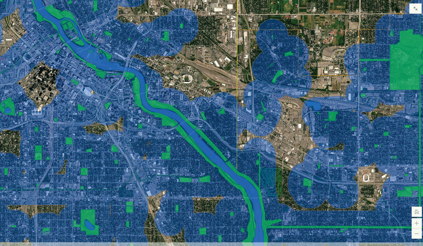 A color-coded map showing a bird's eyeview of a town with a river running through it