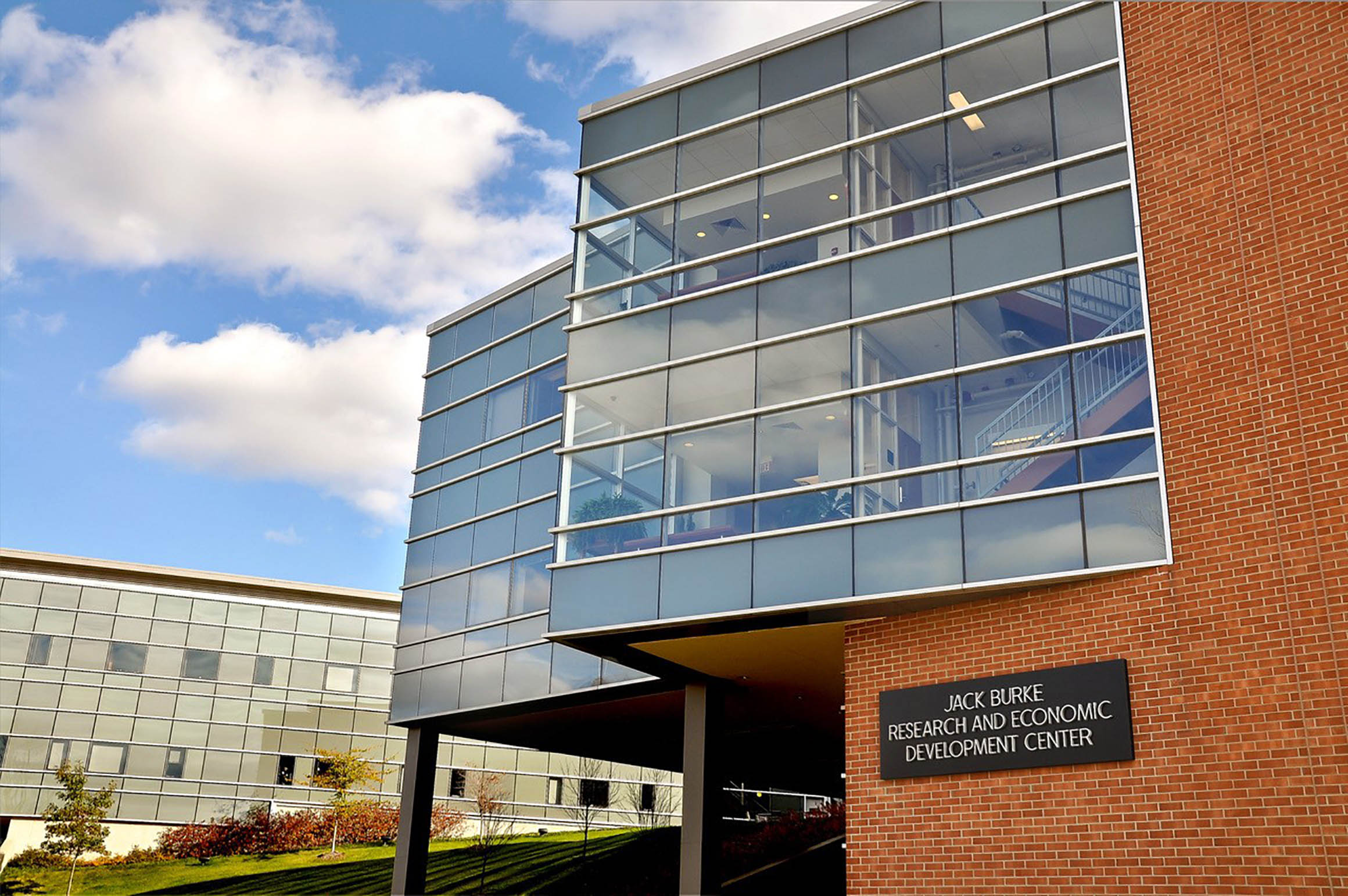 An exterior view of the Burke building at the Penn State Behrend Campus is shown.