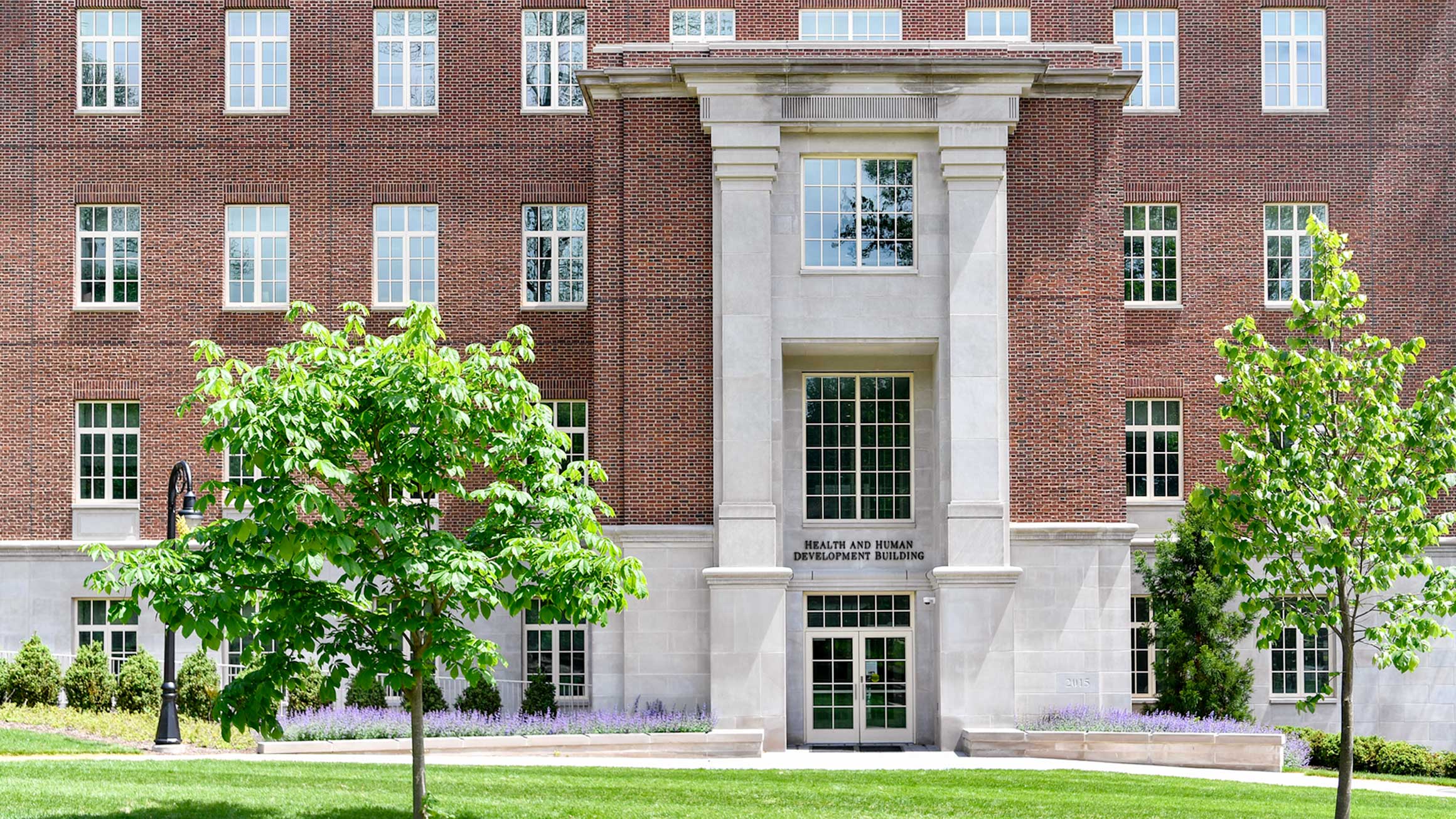 The front of the Health and Human Development Building is shown