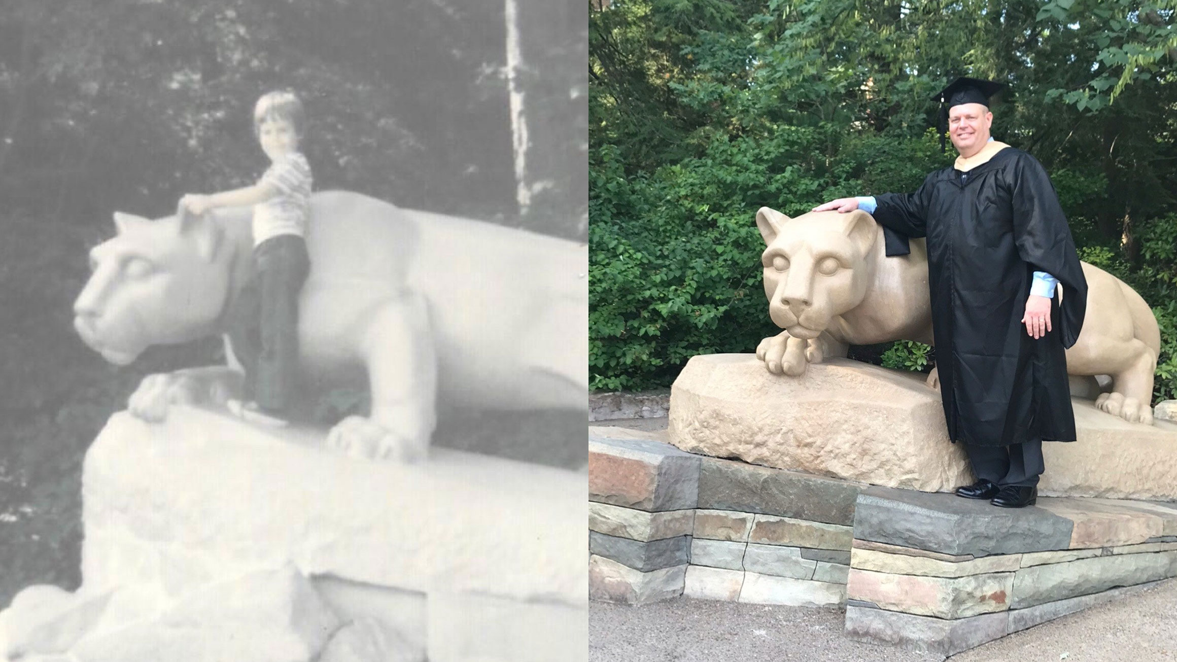John Phillips III created a collage that shows him as a boy in 1976 standing at the Nittany Lion Shrine and a picture of him at the shrine in 2021 as a graduate.
