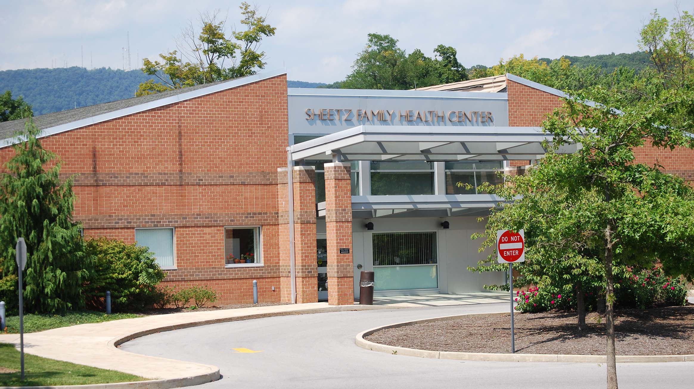 The entrance driveway sits in front of the Sheetz Health and Wellness Center at Penn State Altoona