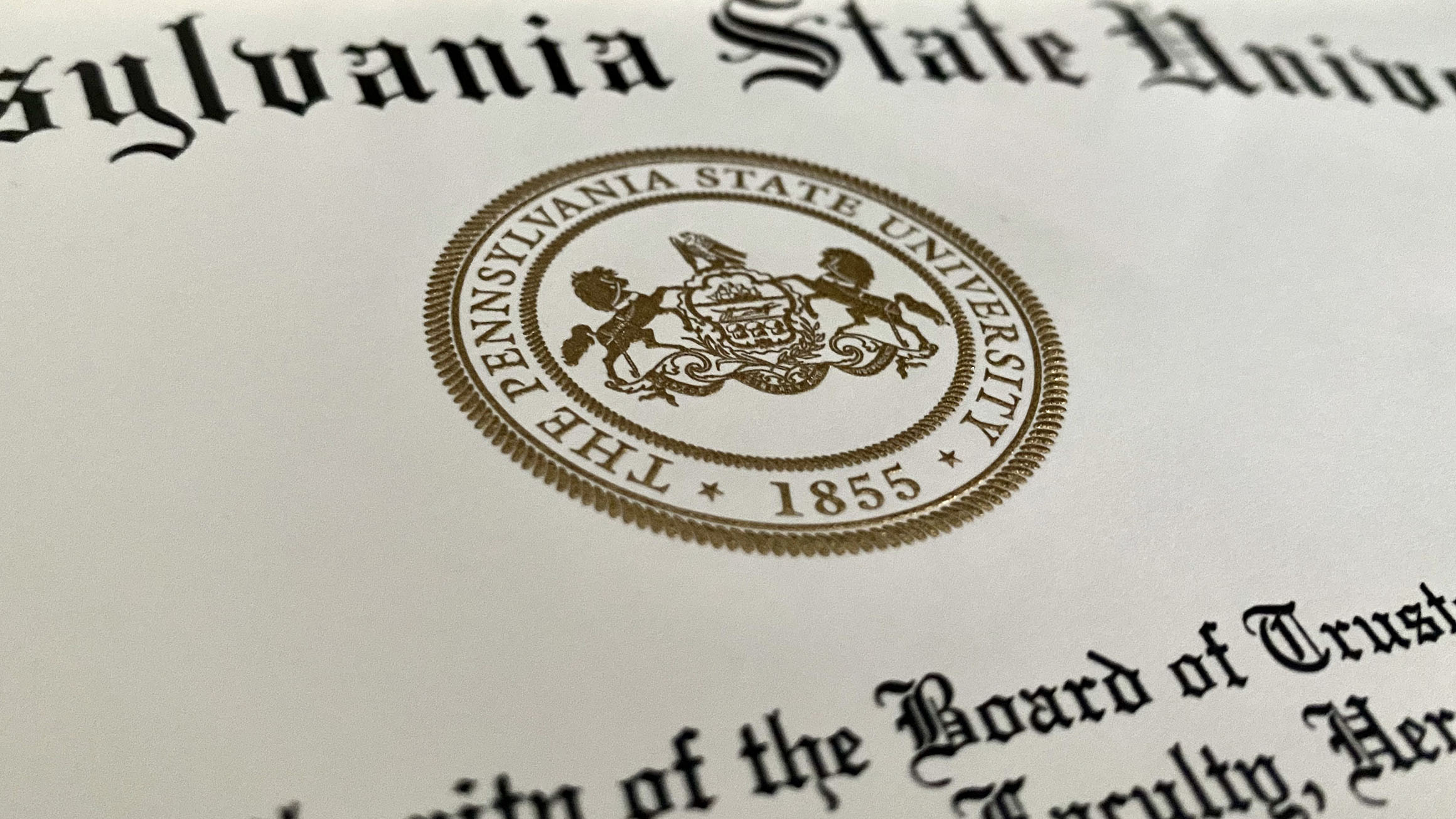 a closeup of a diploma from Penn State