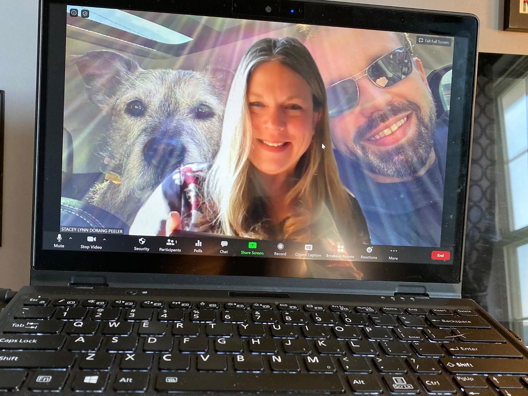 Laptop showing a Zoom video call with Stacey Peeler