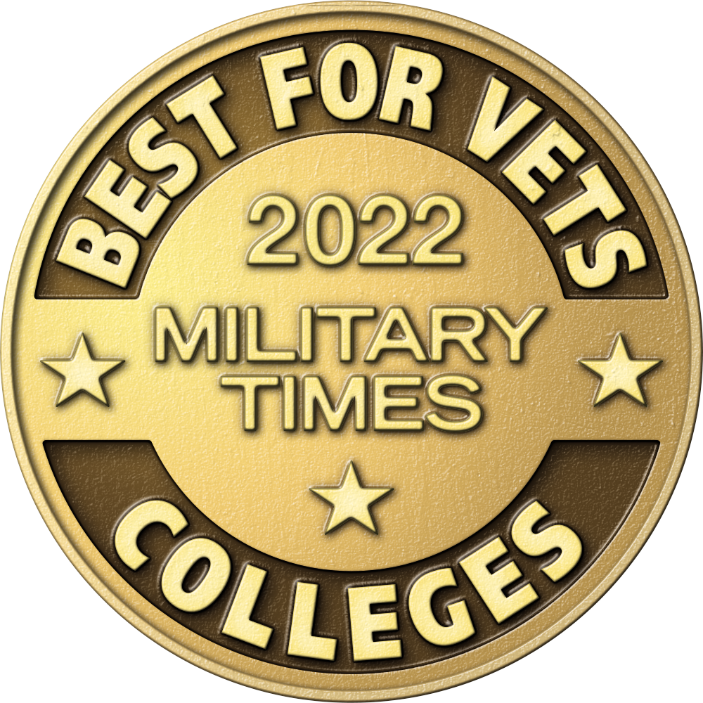 Gold coin, gold text: "2022 Best for Vets, Military Times, Colleges"