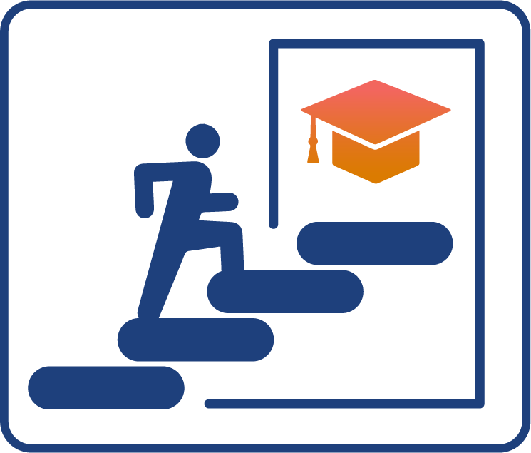 A figure standing halfway up a set of stairs leading towards a graduation cap