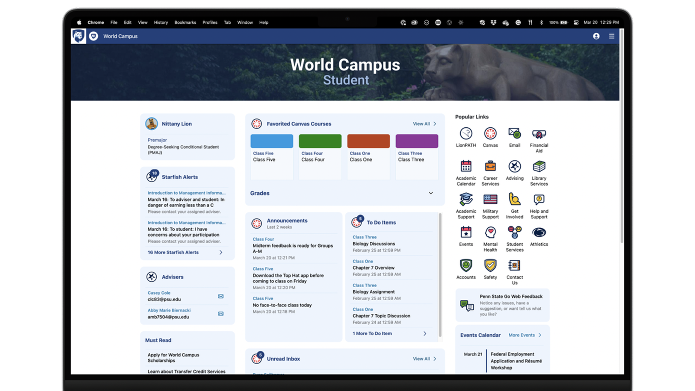 A computer screen shows the homepage of Penn State Go Web version for Penn State World Campus students.