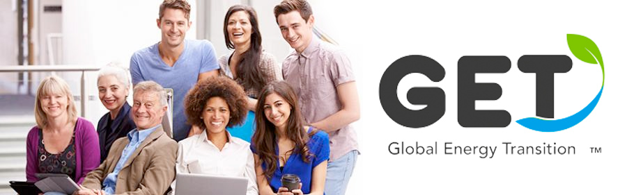 Group of people smile at camera. GET logo is next to them.