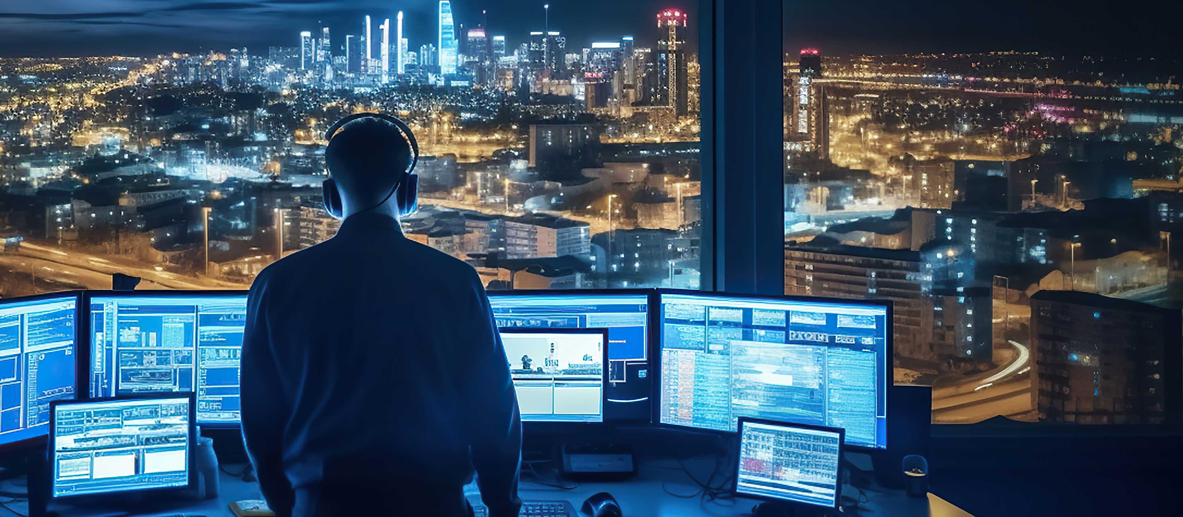 Geospatial professional standing in front of computers 