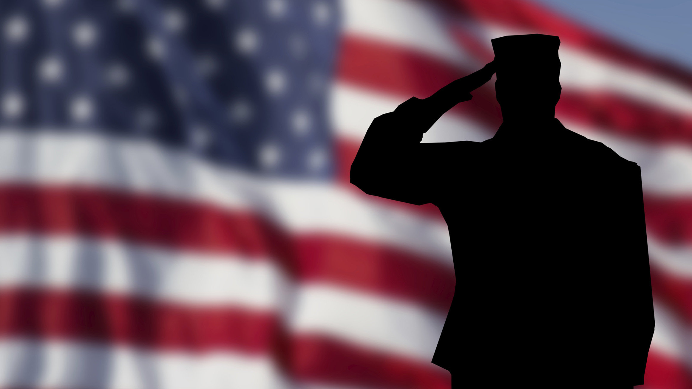 The silhouette of a service member saluting with the american flag waving in the background