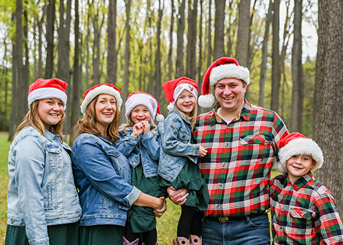 A group of people pose in Santa hats in a wooded area.