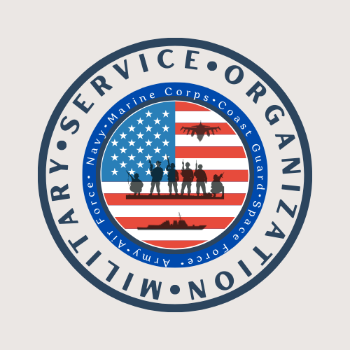A badge with the American flag that reads "Military Service Organization."