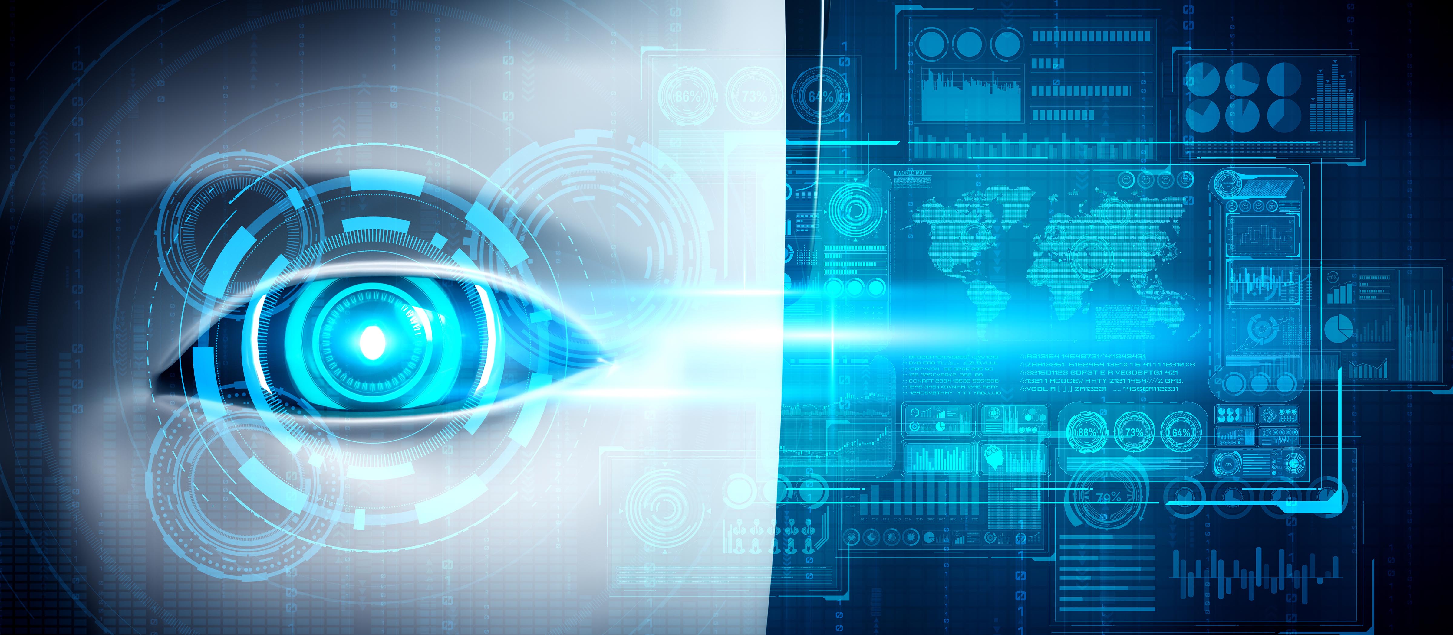 Decorative image of data being analyzed by a robotic eye. Maps, figures, and data.