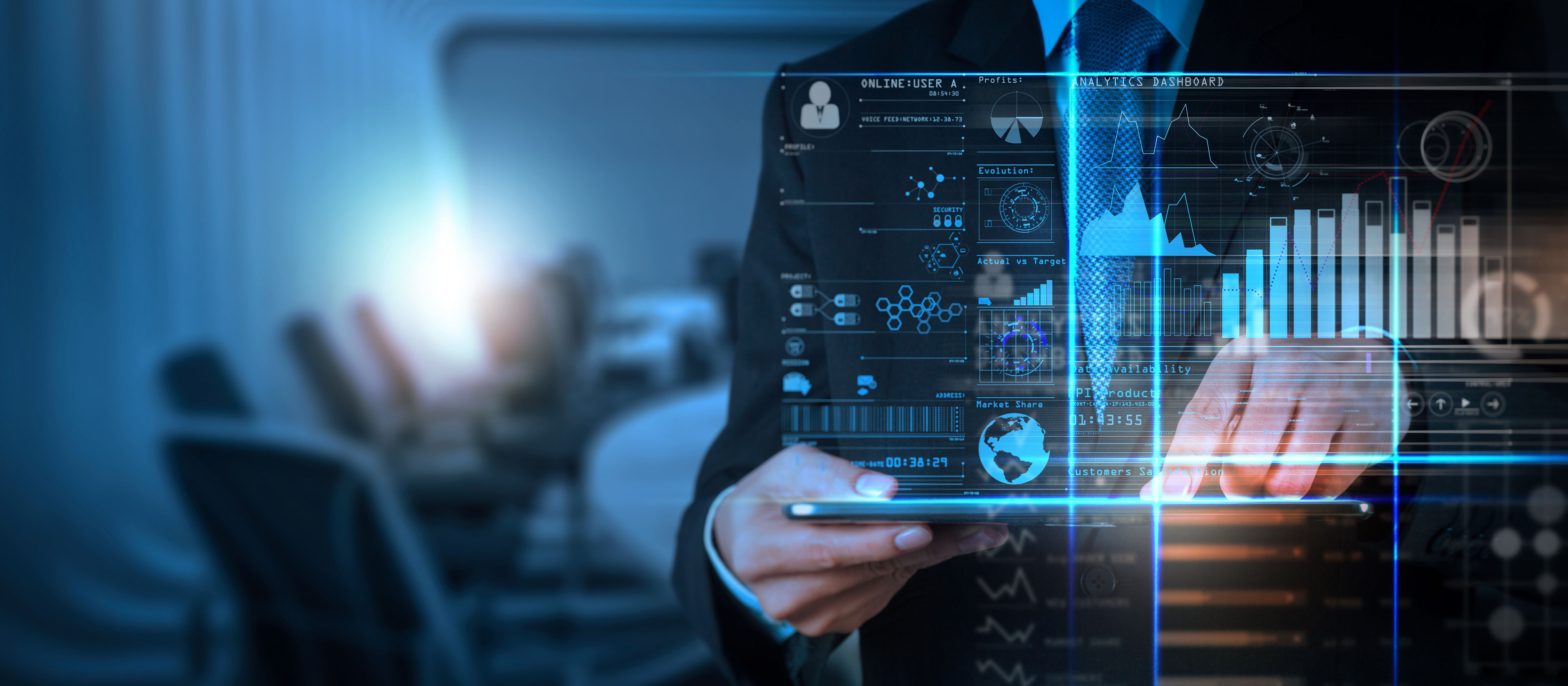 Closeup of hands holding a tablet with blue graphics overlayed on top.