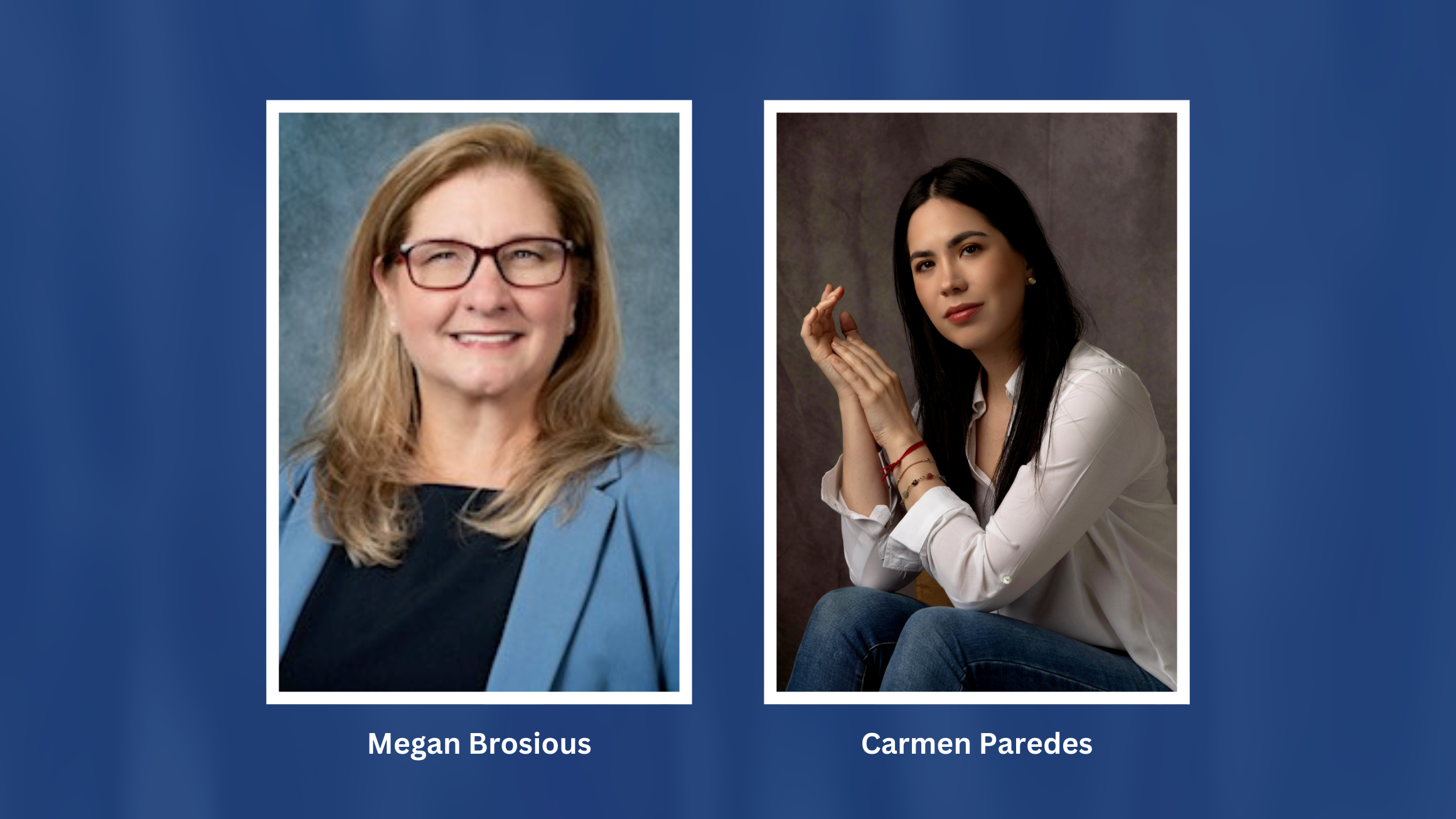 Professional headshot photos of two women on a blue background.