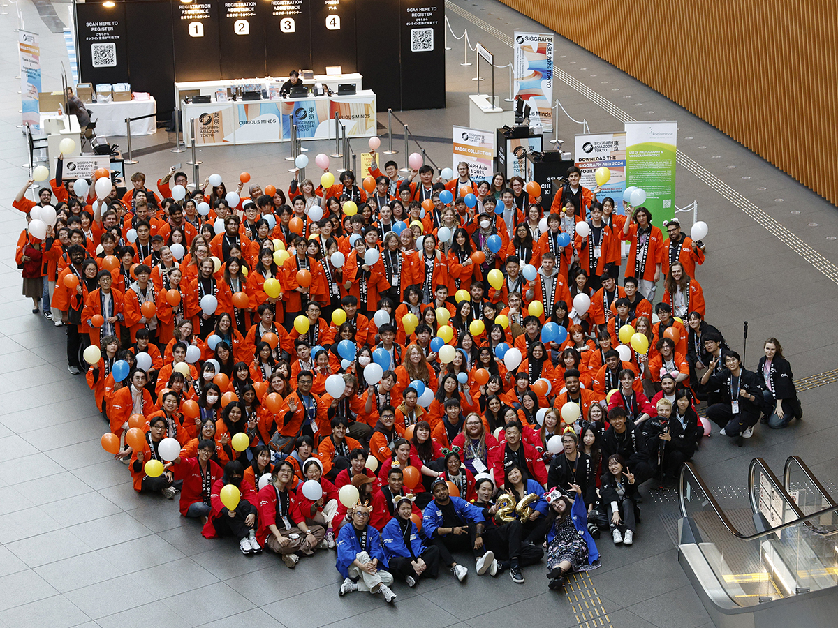 A large group of people wearing orange robes in a convention center.