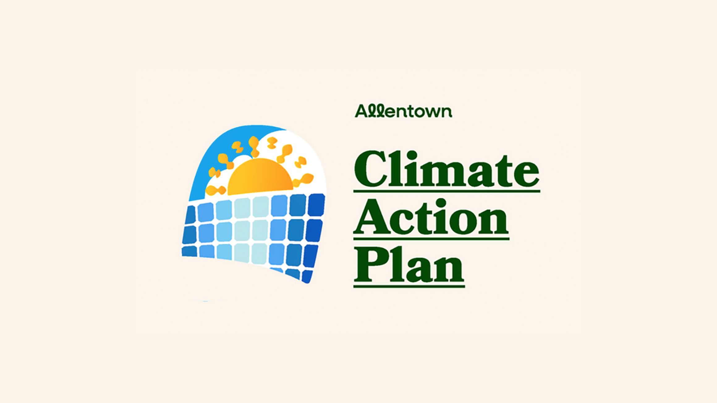 the words Allentown climate action plan are written along with a sun covered by solar panels.