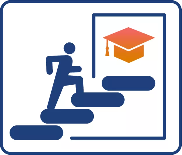 A figure standing halfway up a set of stairs leading towards a graduation cap