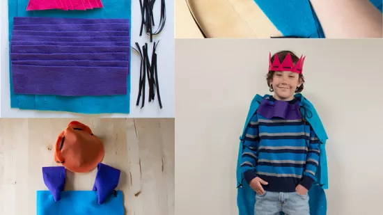 A student's art project is shown as a child's costume using household items like felt.