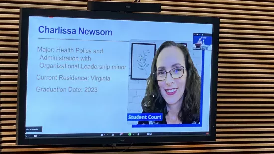 A presentation slide shows Charlissa Newsom 