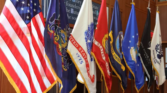 The U.S. flag and the flags of the branches of the military are shown