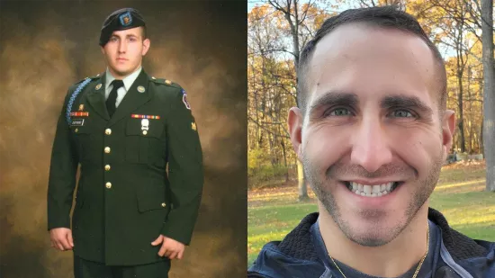 A headshot of a man and a man wearing a military uniform poses for a portrait photo.