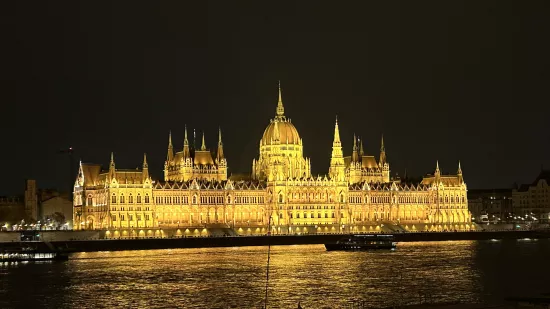 A lit-up old European-style building.