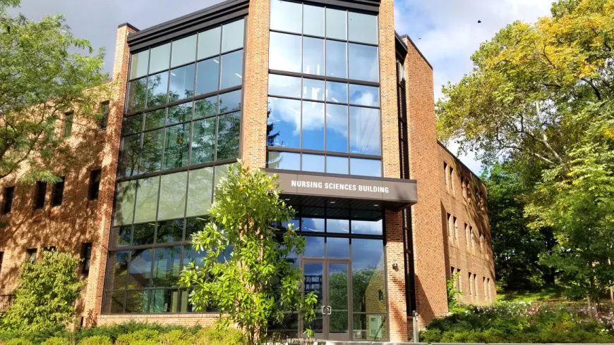 Front of building with sign