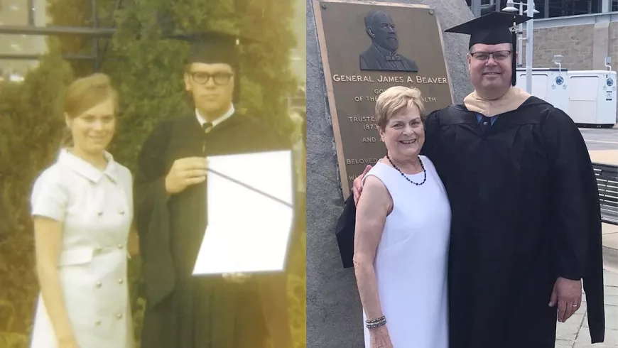 This photo shows a collage: A photo of 1969 with John Phillips III's mother and father at the Beaver memorial, and one from 2021 with Phillips and his mom at the same place.