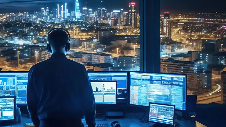 Geospatial professional standing in front of computers