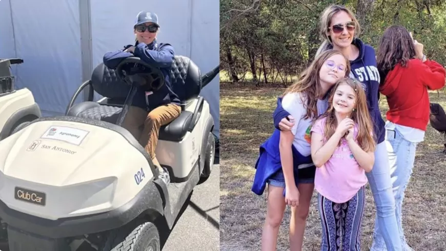 A woman sitting on a golf cart. A woman with three children.