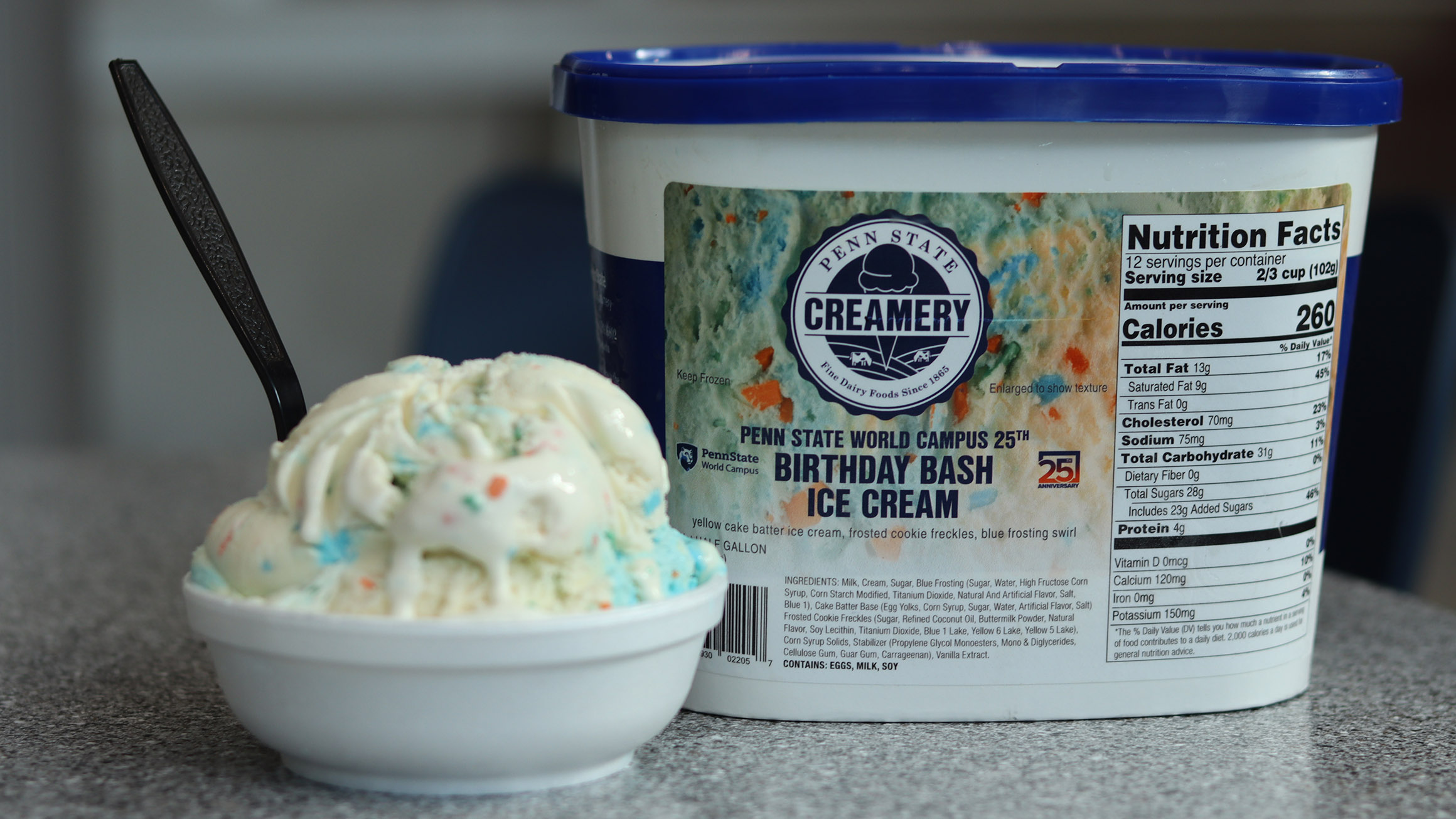 a dish of ice cream with a spoon in it is showing on the left, and a carton of Penn State World Campus 25th Birthday Bash shows on the right